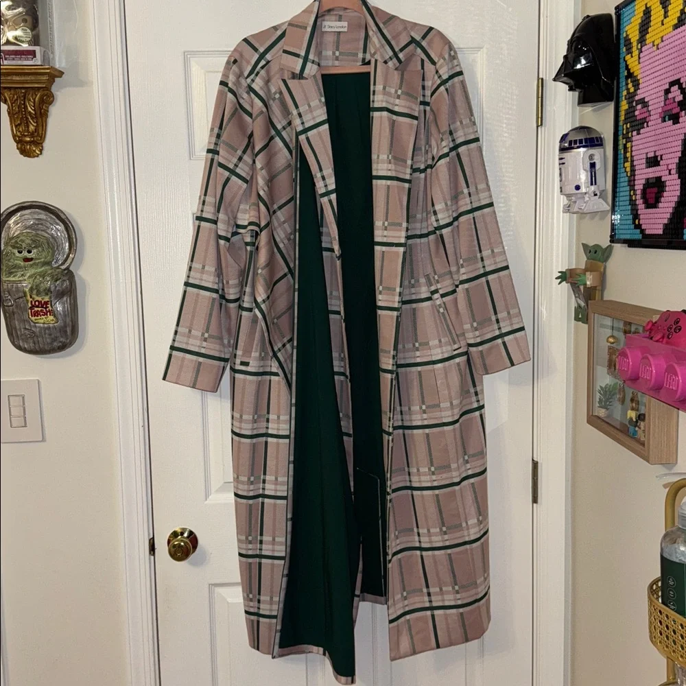 Pink and Green Striped Trench Coat with throw - Picture 3 of 7